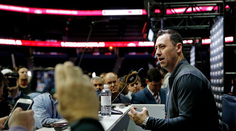 Alabama offensive coordinator Steve Sarkisian answers questions during media day for the NCAA college football playoff championship game against Clemson Saturday, Jan. 7, 2017, in Tampa, Fla. (AP Photo/John Bazemore)
