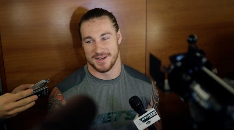 New York Jets' Dylan Donahue speaks to reporters during NFL football rookie minicamp, Friday, May 5, 2017, in Florham Park, N.J. (AP Photo/Julio Cortez)