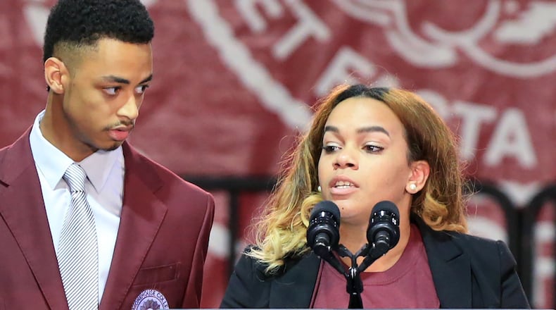 Kimberly Canter, a Spelman College student who said she was raped on campus by three men, speaks before Vice President Joe Biden at Morehouse College on Nov. 10 during a three-college tour to mobilize students to take action to prevent sexual assault on campuses in Atlanta. (Curtis Compton / ccompton@ajc.com)
