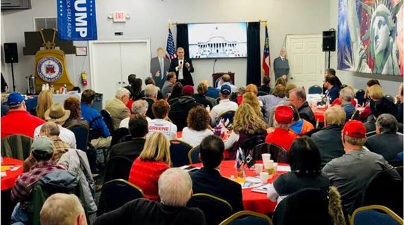 U.S. Rep. Barry Loudermilk speaks at a "dry run" of the 2020 election organized by President Donald Trump's Georgia campaign.