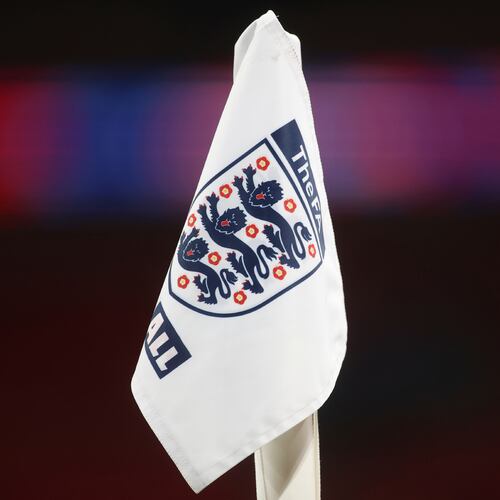 FILE - A corner flag with the England logo on it ahead of the World Cup 2022 group I qualifying soccer match between England and San Marino at Wembley stadium in London, Thursday March 25, 2021. (Carl Recine/Pool Photo via AP, File)
