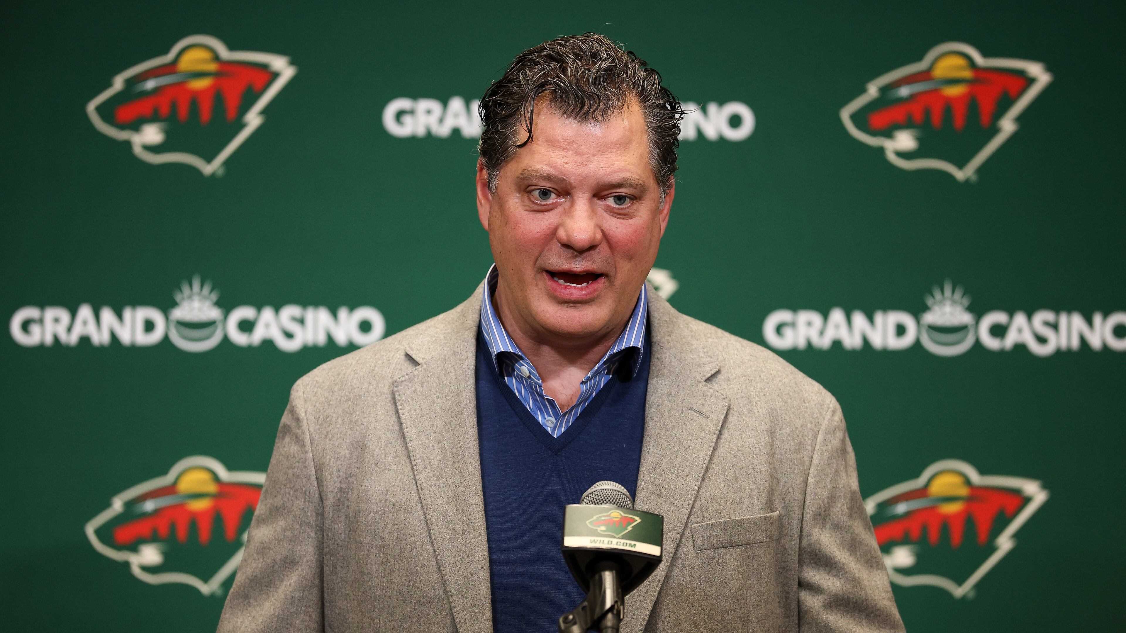 Minnesota Wild general manager Bill Guerin talks to the media prior to an NHL hockey game between the Wild and the Ottawa Senators, Saturday, Dec. 13, 2025, in St. Paul, Minn. (AP Photo/Matt Krohn)