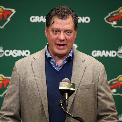 Minnesota Wild general manager Bill Guerin talks to the media prior to an NHL hockey game between the Wild and the Ottawa Senators, Saturday, Dec. 13, 2025, in St. Paul, Minn. (AP Photo/Matt Krohn)
