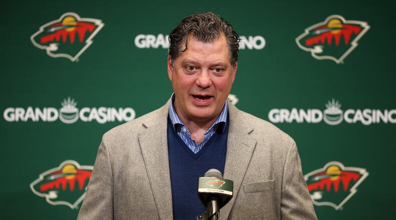 Minnesota Wild general manager Bill Guerin talks to the media prior to an NHL hockey game between the Wild and the Ottawa Senators, Saturday, Dec. 13, 2025, in St. Paul, Minn. (AP Photo/Matt Krohn)