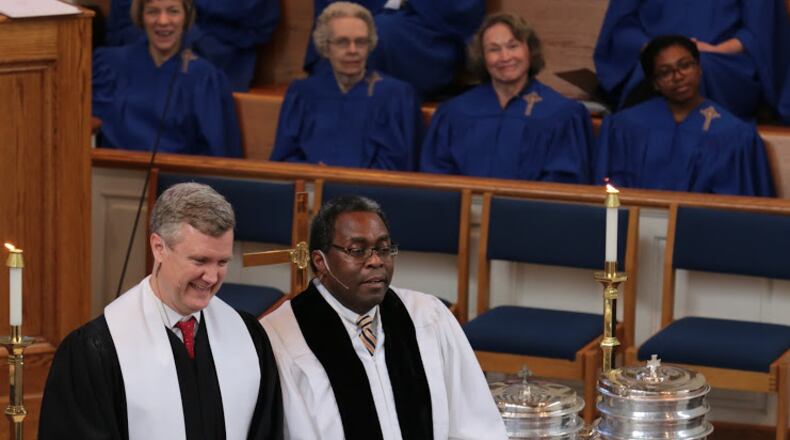 The Rev. David Lower (left), pastor at Saint Luke’s Presbyterian Church, is pictured with the Rev. Eric Powell, pastor at Dodd-Sterling United Methodist Church. during a joint church service. (Courtesy of David King)