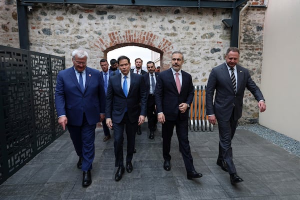 In this handout photo released by Turkish Foreign Ministry, from left, Ukraine's Foreign Minister Andrii Sybiha, U.S. Secretary of State Marco Rubio, Turkish Foreign Minister Hakan Fidan and Ukrainian Head of Presidential Office Andriy Yermak arrive for a meeting at Dolmabahce palace in Istanbul, Turkey, Friday, May 16, 2025. (Turkish Foreign Ministry via AP)