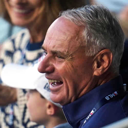 Baseball Commissioner Rob Manfred attends the Little League Classic baseball game between the Milwaukee Brewers and the Atlanta Braves in Williamsport, Pa., Sunday, Aug. 23, 2026. (AP Photo/Gene J. Puskar)