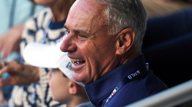 Baseball Commissioner Rob Manfred attends the Little League Classic baseball game between the Milwaukee Brewers and the Atlanta Braves in Williamsport, Pa., Sunday, Aug. 23, 2026. (AP Photo/Gene J. Puskar)