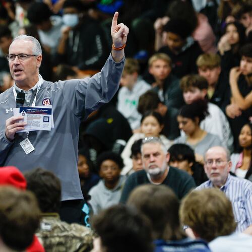 Mike Lutzenkirchen, the featured speaker from the Lutzie 43 Foundation, speaks to hundreds of students at Lakeside High School. The Lutzenkirchen family founded the foundation to inspire teens to drive safely. (Miguel Martinez/AJC 2024)