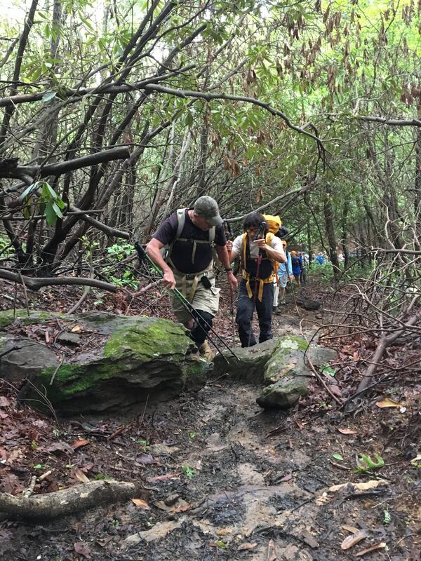 Veterans Tom Wilburn (front) and Steve Baskis lead a group of fellow hikers on the Appalachian Trail June 1 as part of a 74-mile trek sponsored by the Blinded Veterans Association. Wilburn has his sight, but Baskis doesn’t. CONTRIBUTED BY FRANK REDDY