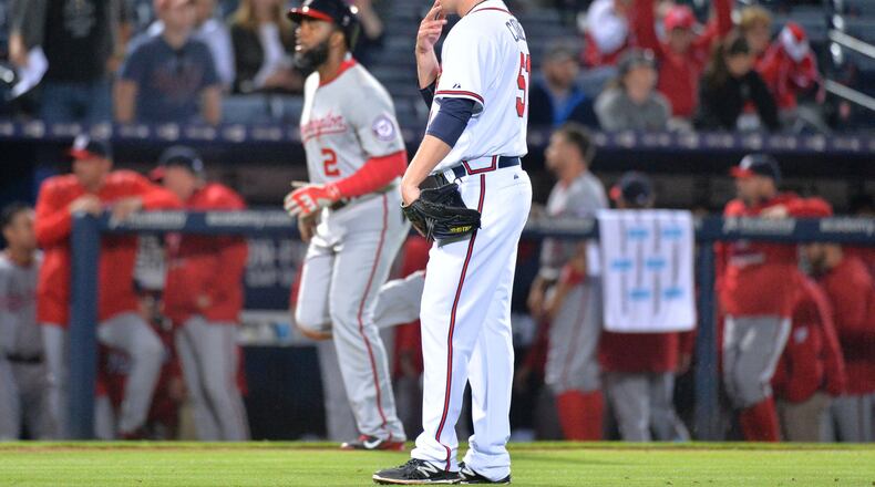 John Cornely reacts after giving up a three-run homer to Nationals center fielder Denard Span during Cornely’s major league debut April 29. He was traded Wednesday to the Red Sox. HYOSUB SHIN / HSHIN@AJC.COM