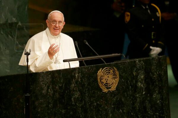 FILE - Pope Francis addresses the 70th session of the United Nations General Assembly, Friday, Sept. 25, 2015 at United Nations headquarters. (AP Photo/Mary Altaffer, File)