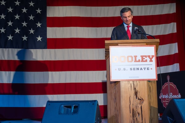 Derek Dooley speaks to his supporters at the Park Bench at the Battery in Atlanta on Tuesday, June 16, 2026. (Ben Gray for the AJC)