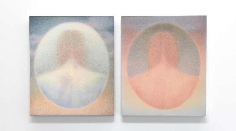 Hayley Quentin's "Earthling (Night)" and "Earthling (Ash)" in colored pencil on canvas.
