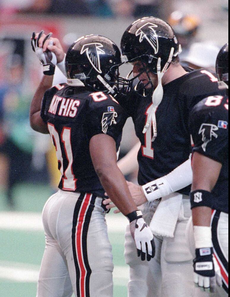 Mathis caught a touchdown for the Falcons in Super Bowl XXXIII