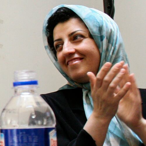 FILE - Prominent Iranian human rights activist Narges Mohammadi is seen in a meeting on women's rights in Tehran, Iran, on July 3, 2008. (AP Photo/Vahid Salemi, File)