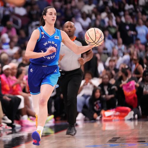 Team Spoon's Caitlin Clark looks to pass the ball during the first half of a WNBA All-Star basketball game against Team Coop in Chicago, Saturday, July 25, 2026. (AP Photo/Nam Y. Huh)