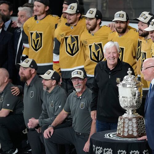 Vegas Golden Knights owner Bill Foley, middle, celebrate after winning Game 4 of the Western Conference finals NHL hockey Stanley Cup playoff series against the Colorado Avalanche Tuesday, May 26, 2026, in Las Vegas. (AP Photo/John Locher)