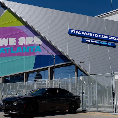 New fencing is added outside of the Mercedes-Benz Stadium on Thursday, June 4, 2026. (Ben Hendren for the AJC)