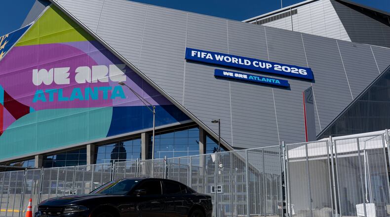 New fencing is added outside of the Mercedes-Benz Stadium on Thursday, June 4, 2026. (Ben Hendren for the AJC)