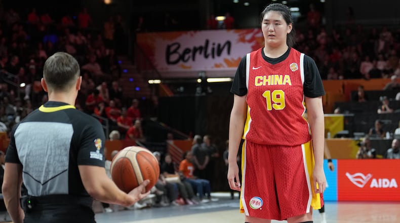 China's Zhang Ziyu prepares for a free throw during the Women's Basketball World Cup match between China and the United States in Berlin, Friday, Sept. 4, 2026. (AP Photo/Ebrahim Noroozi)