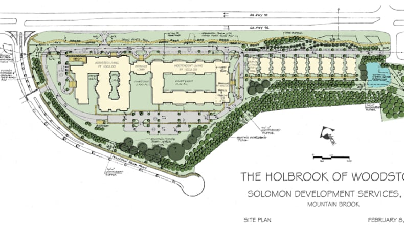 A developer’s revised plan for The Holbrook of Woodstock project calls for 299 senior citizen units, with independent living and meory care/assisted living units in two separate buildings and a number of duplex cottages. CITY OF WOODSTOCK