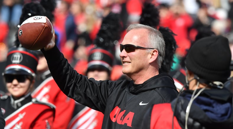 November 6, 2021 Athens - Former head coach Mark Richt is recognized during halftime in a NCAA football game at Sanford Stadium in Athens on Saturday, November 6, 2021. Georgia won 43-6 over Missouri. (Hyosub Shin / Hyosub.Shin@ajc.com)