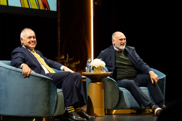 Georgia Tech president Ángel Cabrera with chef and humanitarian José Andrés. Andrés visited the school on March 16, 2026, to accept the Ivan Allen Jr. Prize for Social Courage. (Courtesy of Georgia Tech)
