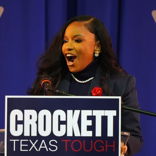 Rep. Jasmine Crockett, D-Texas, speaks to supporters after announcing her run in the Democratic primary for U.S. Senate, Monday, Dec. 8, 2025, in Dallas. (AP Photo/LM Otero)