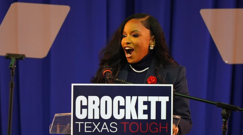 Rep. Jasmine Crockett, D-Texas, speaks to supporters after announcing her run in the Democratic primary for U.S. Senate, Monday, Dec. 8, 2025, in Dallas. (AP Photo/LM Otero)