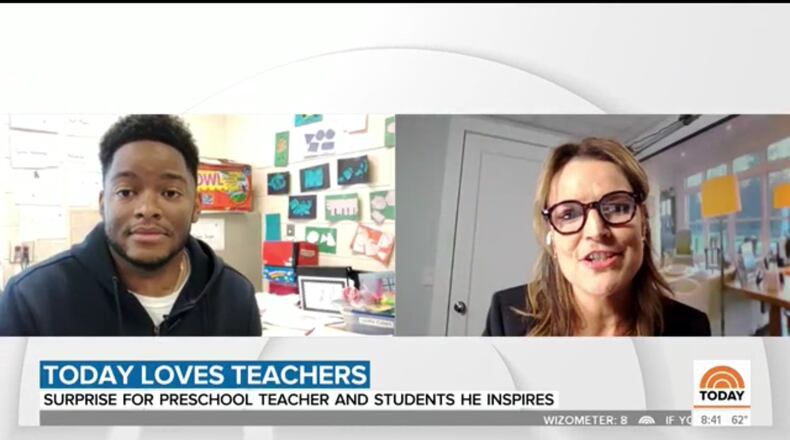 A screenshot shows Jonathon Hines (left), a pre-Kindergarten teacher at Barack H. Obama Elementary Magnet School of Technology, speaks with Today Show host Savannah Guthrie during a segment on teachers that aired during Teacher Appreciation Week.