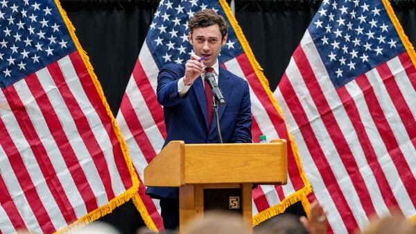 U.S. Sen. Jon Ossoff, D-Ga., speaks during a town hall April 25, 2025, in Atlanta at the Cobb County Civic Center. (Jason Allen/AJC)