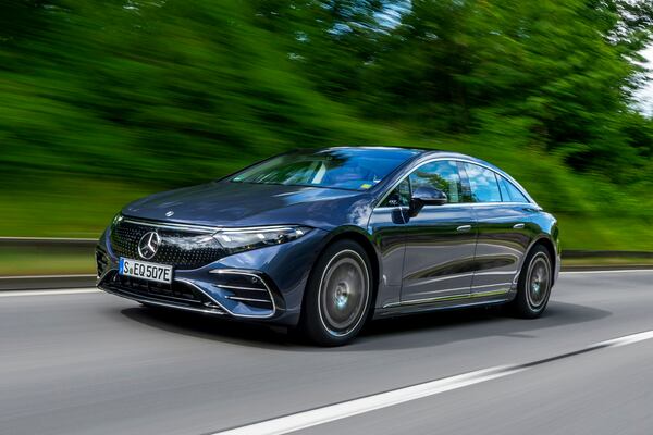 This photo provided by Mercedes-Benz shows the 2022 Mercedes-Benz EQS sedan, a highly rated electric luxury sedan and a great used car buy. (Courtesy of Mercedes-Benz USA)