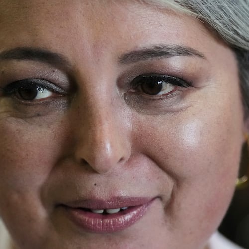 Presidential candidate Jeannette Jara of the Unidad por Chile coalition arrives to vote during general elections in Santiago, Chile, Sunday, Nov. 16, 2025. (AP Photo/Natacha Pisarenko)