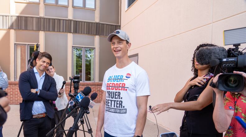 Iowa democratic gubernatorial candidate Rob Sand speaks to media after voting on primary Election Day, Tuesday, June 2, 2026, in Des Moines, Iowa. (AP Photo/Bryon Houlgrave)