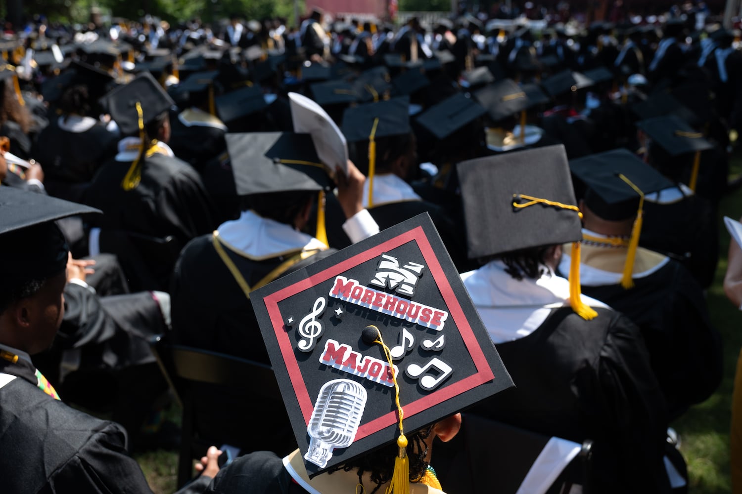 Students wait to receive their diplomas at the Morehouse College graduation Sunday, May 17, 2026. (Ben Gray for the AJC)