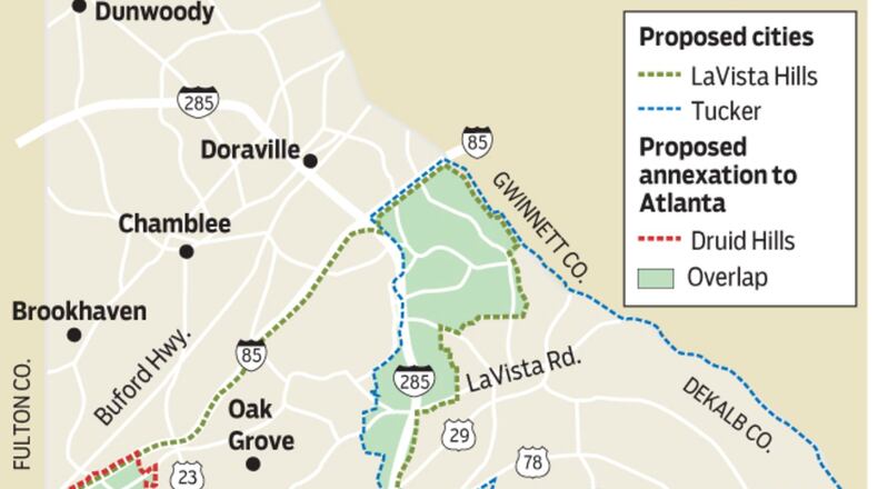 Cityhood proposals for Tucker, LaVista Hills and the Druid Hills neighborhood overlap. Georgia lawmakers are trying to resolve their differences.