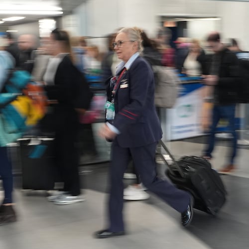 Travelers line up at a TSA check at O'Hare International Airport in Chicago, Friday, Nov. 7, 2025. (AP Photo/Nam Y. Huh)