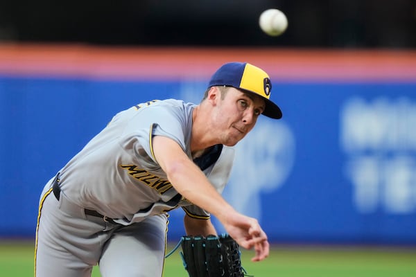 Milwaukee Brewers' Jacob Misiorowski pitches during the second inning in the second baseball game of a doubleheader against the New York Mets Wednesday, July 2, 2025, in New York. (AP Photo/Frank Franklin II)