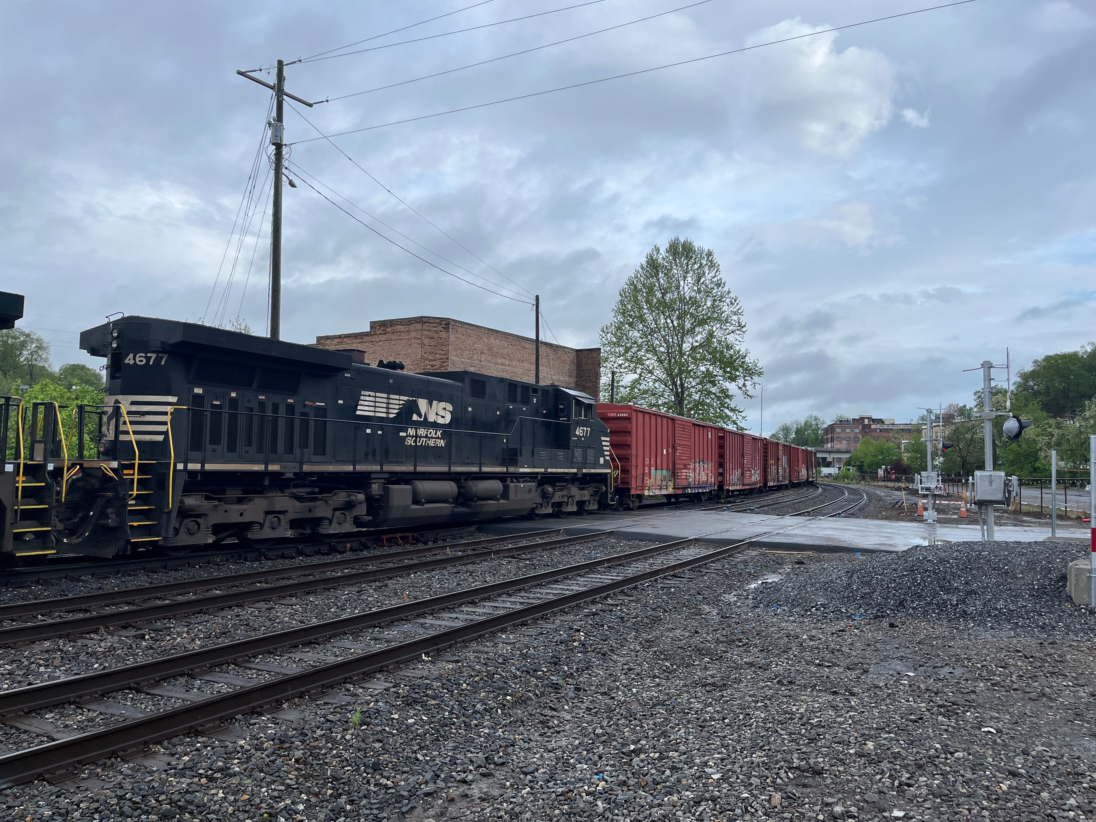 About seven months after Hurricane Helene, the first freight train rolled through Asheville, N.C., in late April. Since the devastation, railroad companies have been scrambling to rebuild broken tracks. (Courtesy of Norfolk Southern)