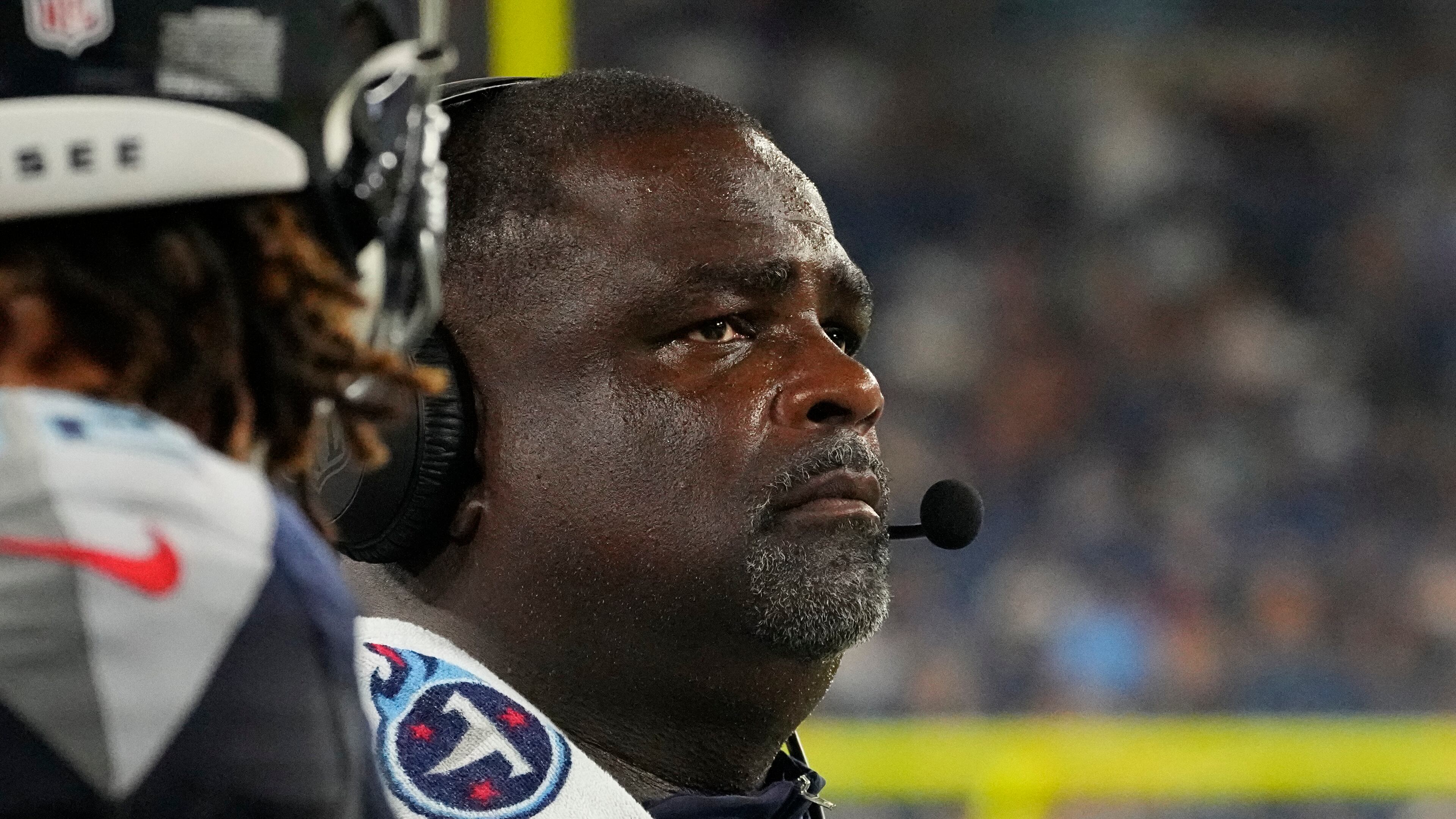 FILE - Tennessee Titans assistant head coach Terrell Williams looks out from the sideline in the second half of an NFL preseason football game against the New England Patriots, Aug. 25, 2023, in Nashville, Tenn. (AP Photo/George Walker IV, File)