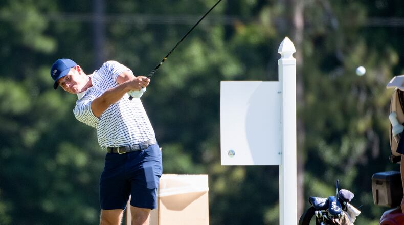 Georgia Tech golfer Noah Norton tees off at the NCAA regional tournament at Seminole Legacy Golf Club in Tallahassee, Fla., May 17, 2021. (Mike Olivella)