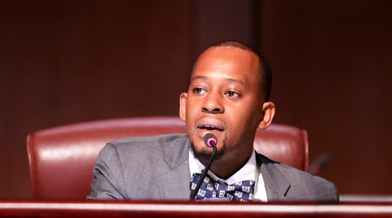 Council member Antonio Lewis during discussion as the Atlanta City Council held their first in person meeting since they were suspended at start of the pandemic In Atlanta on Monday, March 21, 2022.   (Bob Andres / robert.andres@ajc.com)