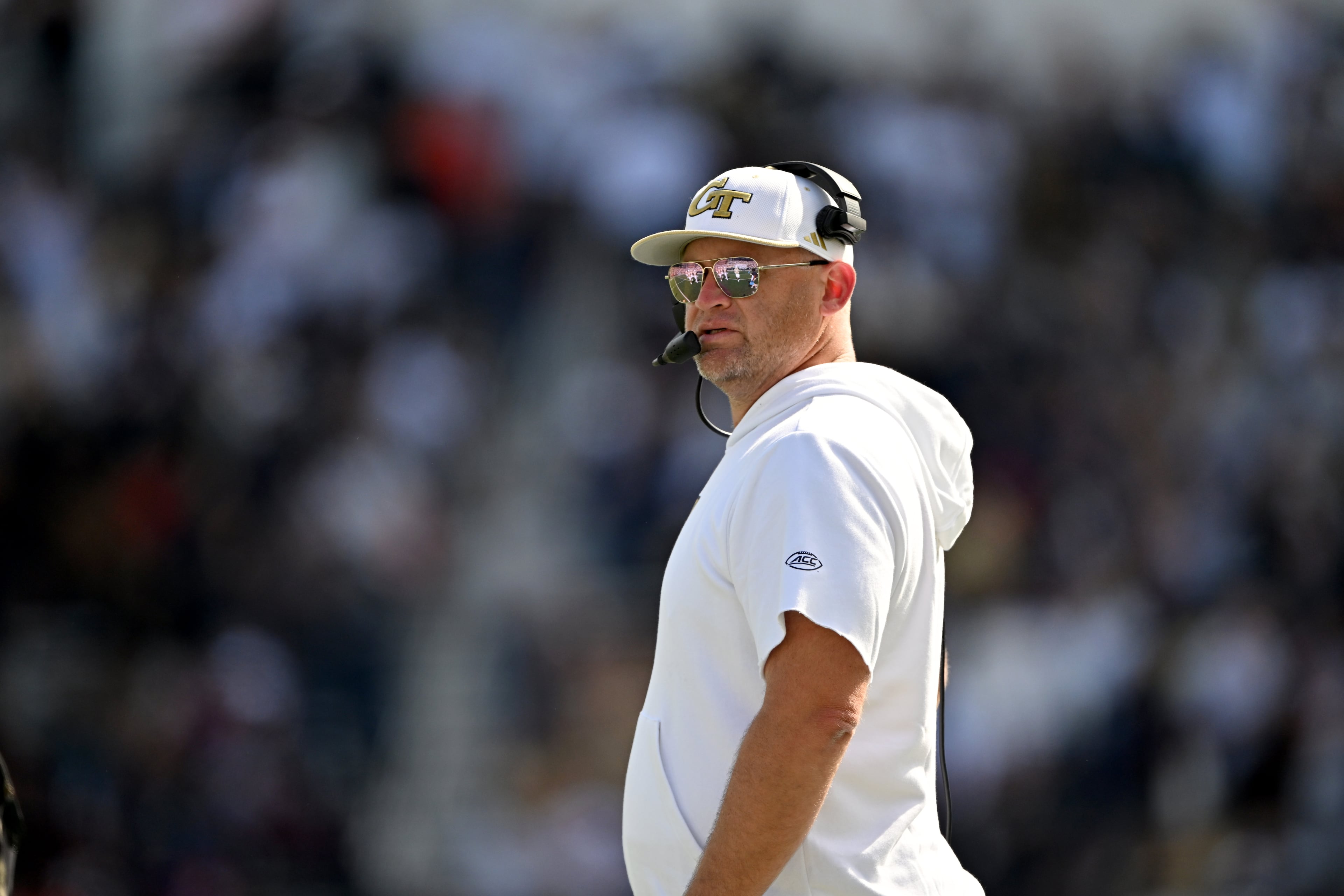 Georgia Tech head coach Brent Key reacts during the second half in an NCAA college football game at Bobby Dodd Stadium, Saturday, Oct. 25, 2025 in Atlanta. Georgia Tech won 41-16 over Syracuse. The Yellow Jackets are 8-0 for the first time since 1966 and 5-0 in the ACC for the first time ever. (Hyosub Shin/AJC)
