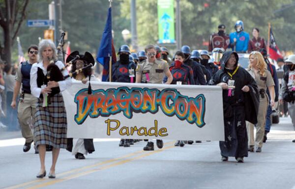 Dragon*Con parade participants walk north on Peachtree Street to kick off the procession. Courtesy of Todd R. McQueen