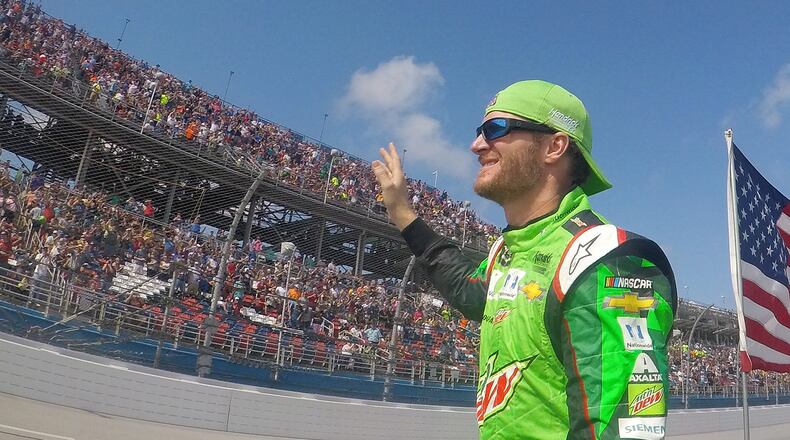 Dale Earnhardt Jr. happily goes through his last driver introduction at Talladega Sunday.(Chris Graythen/Getty Images)