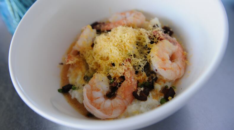 Shrimp and Grits with miso kale, bacon, makgeolli butter sauce and cheddar cheese at Sobban.(BECKY STEIN PHOTOGRAPHY.COM)