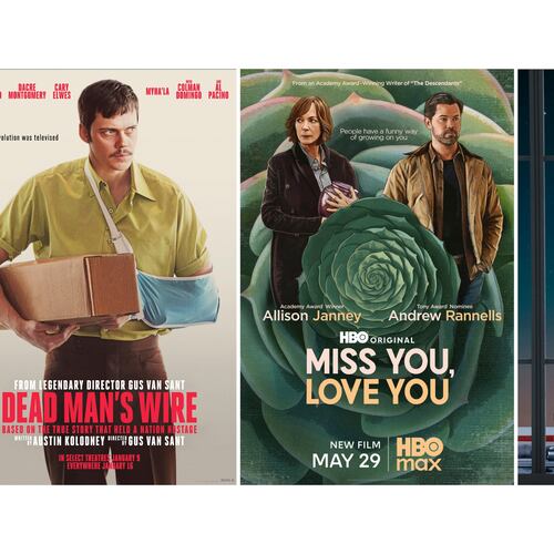 This combination of images shows promotional art for the films, from left, "Dead Man's Wire," "Miss You, Love You," and "Propeller One-Way Night Coach." (Row K/HBO Max/Apple via AP)