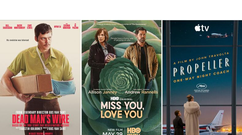 This combination of images shows promotional art for the films, from left, "Dead Man's Wire," "Miss You, Love You," and "Propeller One-Way Night Coach." (Row K/HBO Max/Apple via AP)
