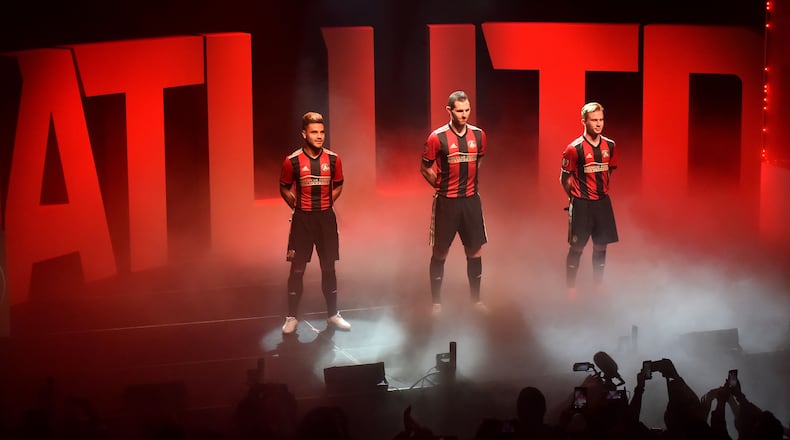 Atlanta United FC unveiled their first home kit on Tuesday night at the Tabernacle on Tuesday, November 15, 2016. Kits will be on sale at the event, or can be purchased at www.atlutd.com on Tuesday after the unveiling, or at the team store at Atlantic Station. HYOSUB SHIN / HSHIN@AJC.COM